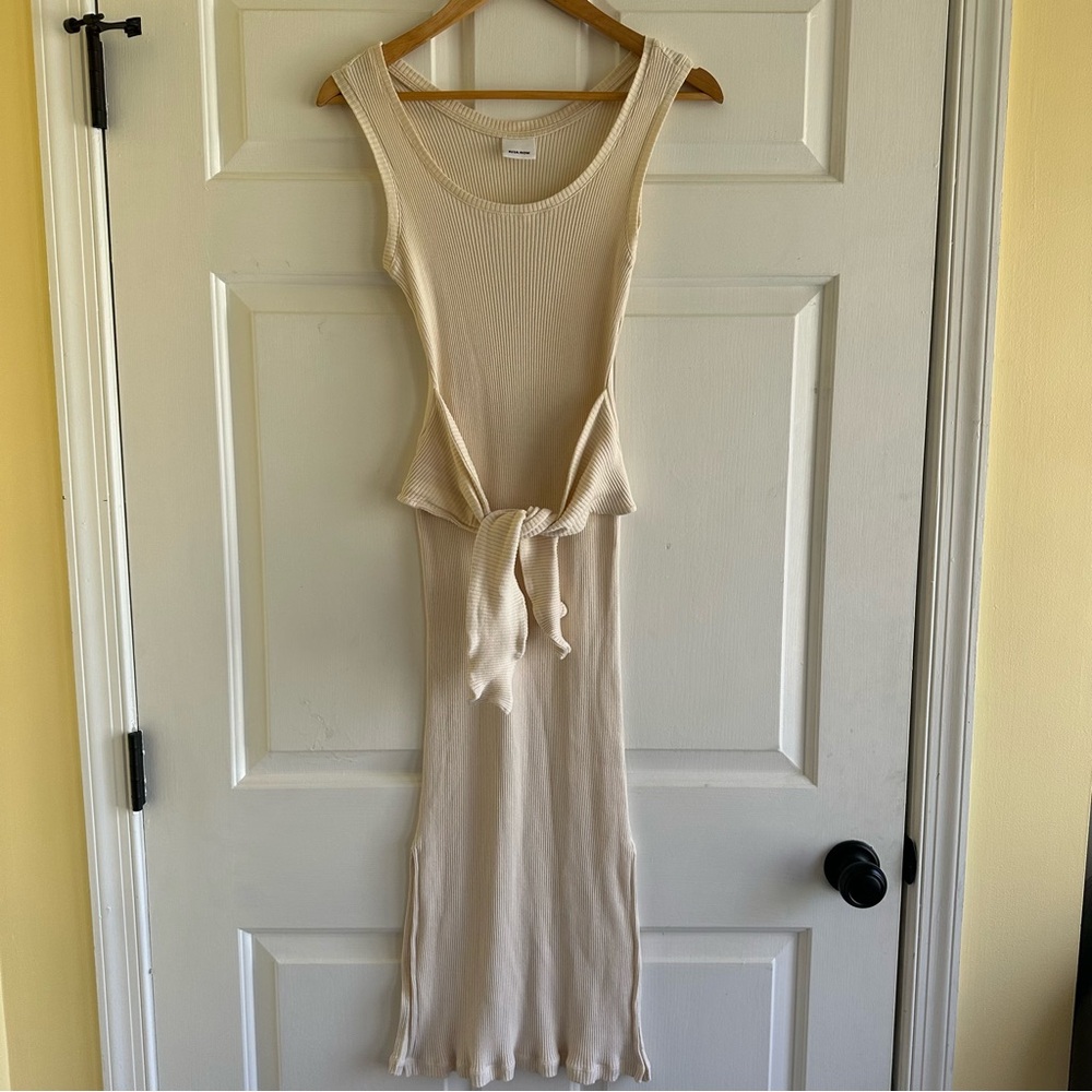 Rita Row Women’s Small Gabriela Ribbed Tie Belt Midi Dress Cream Minimalist — image 3 of 8
